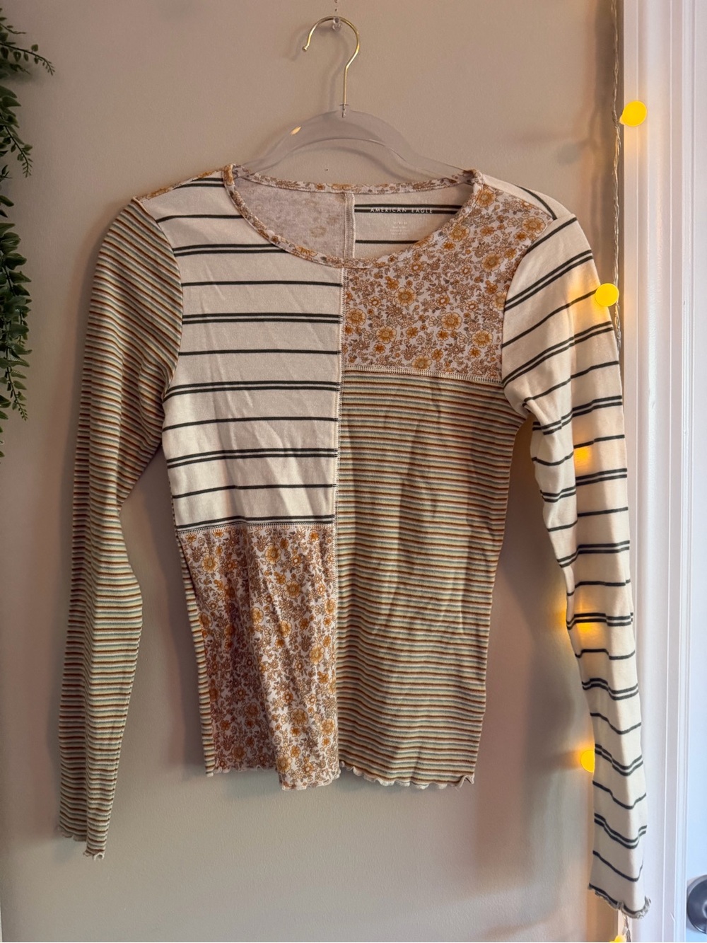 American Eagle Outfitters Patchwork Long Sleeve Top in Cream and Brown Floral